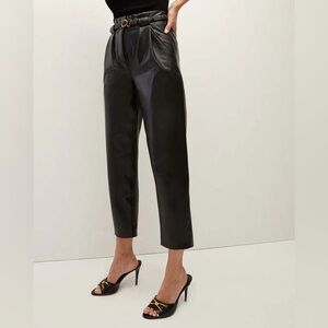 Veronica Beard Black Gold Buckle Coolidge Vegan Leather Pant Cropped Trouser